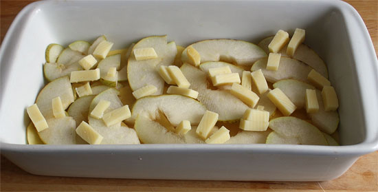 Einschichten: Kartoffel, Birne und Käse